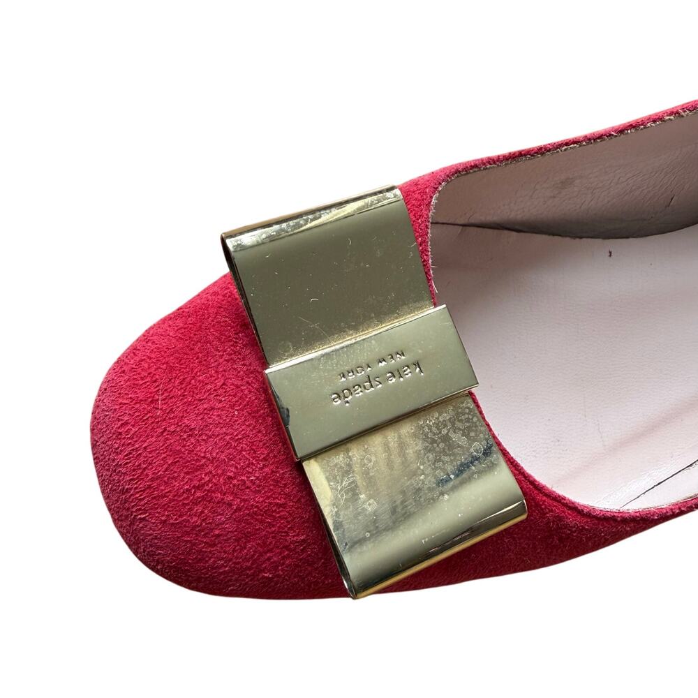 Kate Spade Red Suede Dijon Gold Metal Bow Block Heel Size 6 Classic Preppy Chic - Picture 10 of 15